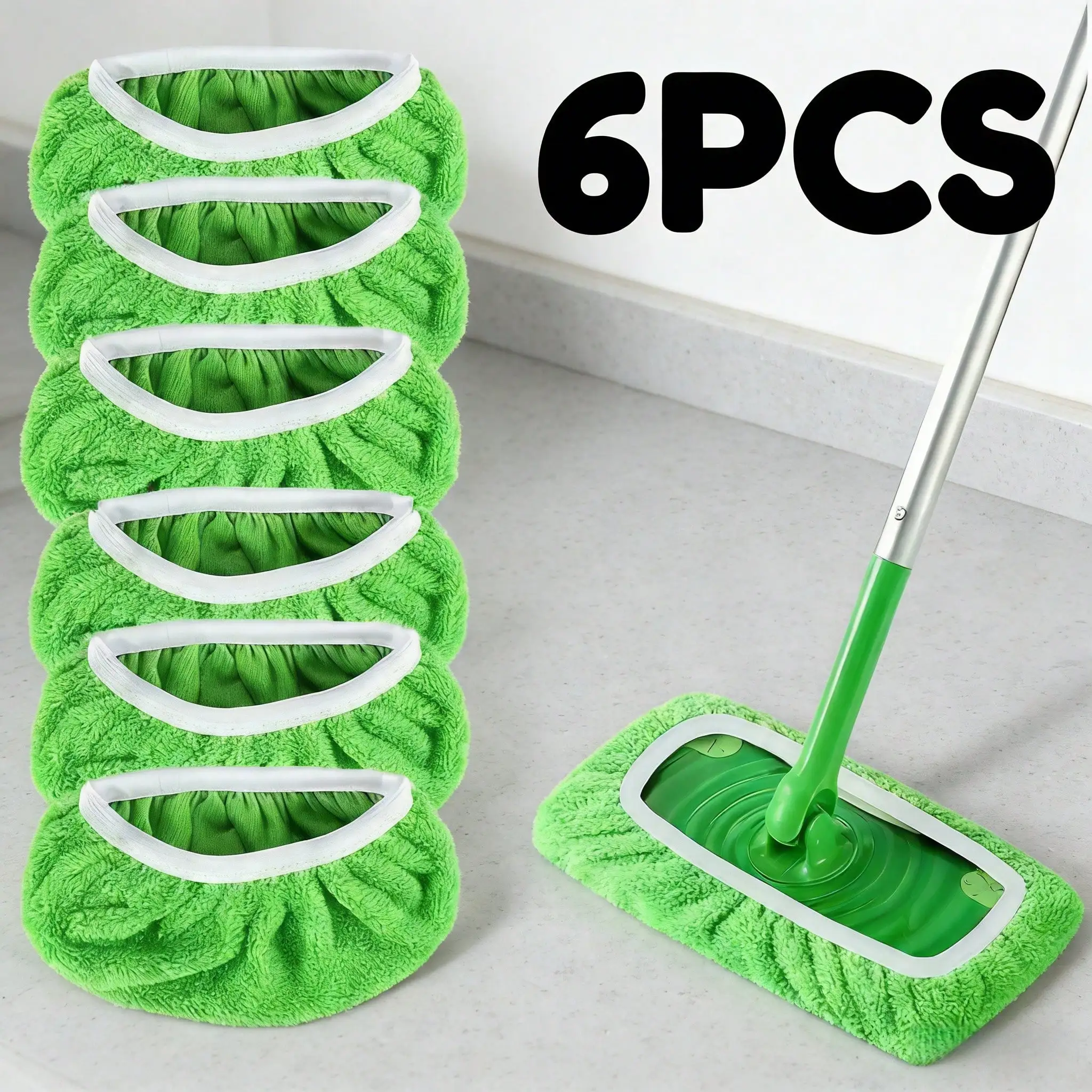 Set Of 6Pcs Green Washable Mop Refills​ – Elastic Edge Design For Secure Attachment And Effective Dust And Liquid Pickup
