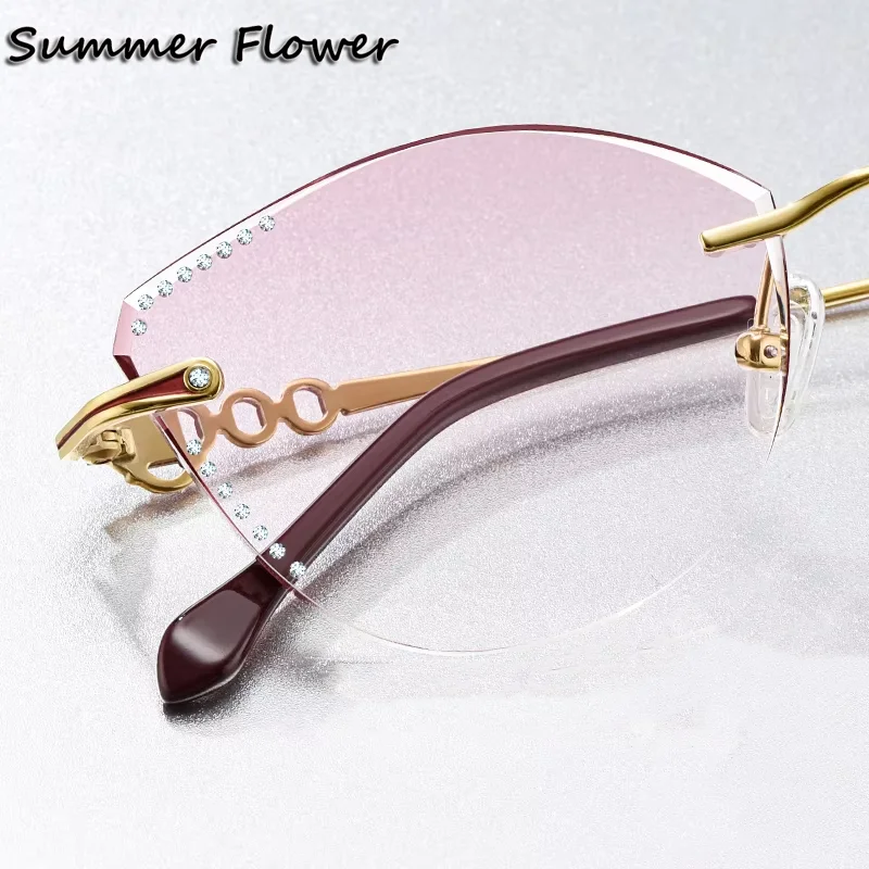 

Sun Protection Rimless Eyeglass Titanium Fashion Female Cat Eye Glasses Diamond Spectacle Frames Women Sunglasses Tint Lens