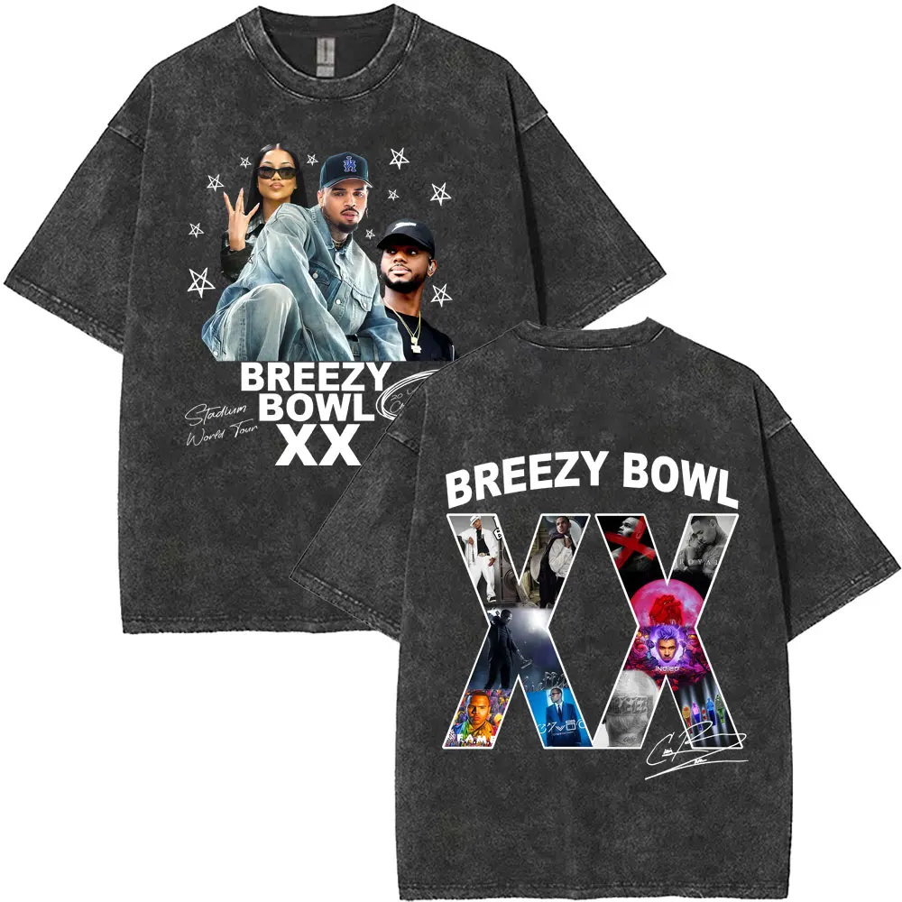 

Rapper Chris Brown Breezy Bowl XX Tour 2025 Washed T-shirt Men Women Hip Hop Pop Music Oversized T-shirts Vintage Trend T Shirts