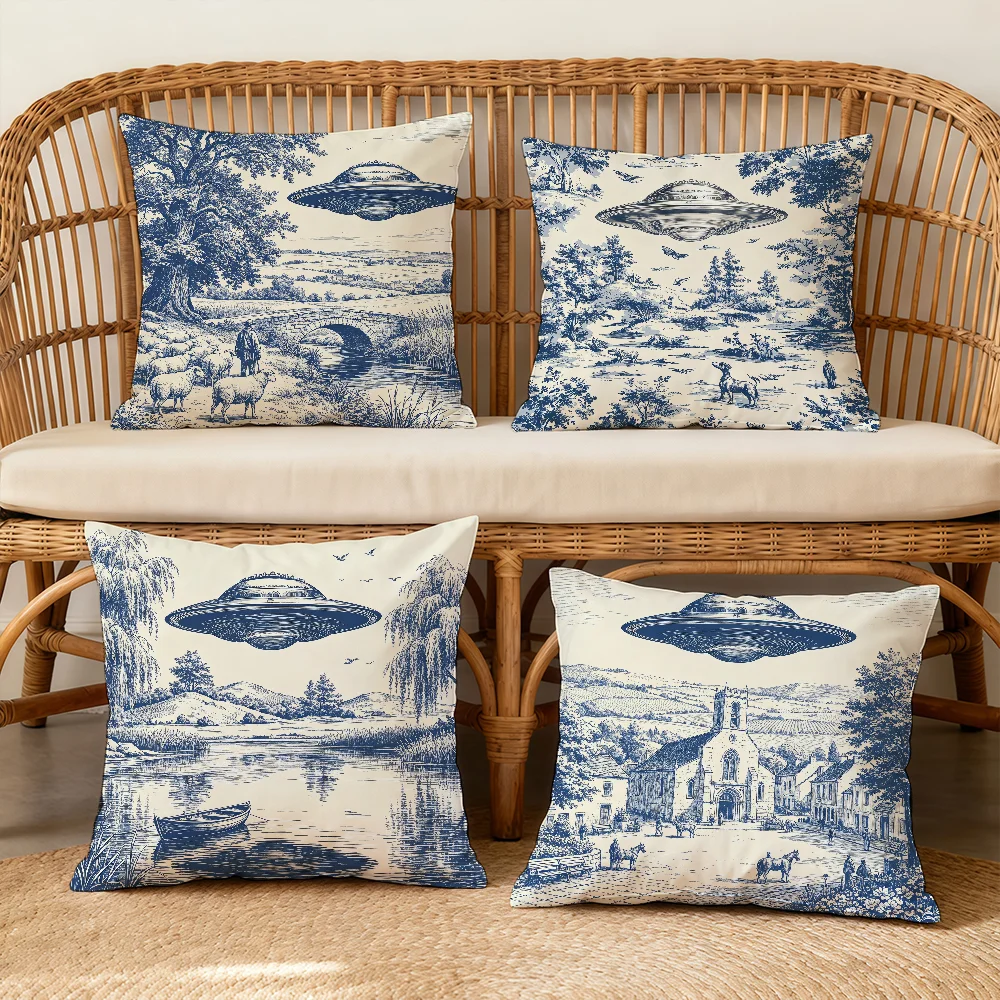 French Blue White Sketched Saucer Cushion Cover Square Decorative Throw Pillow Case Sofa Bed Living Room Anniversary Gifts