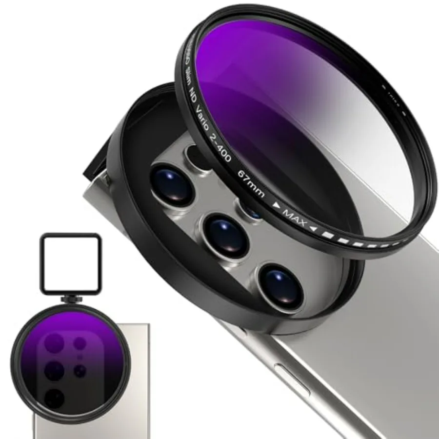 

67mm Variable ND2-ND400 Filter for Phone AR-Coated VND Lens with Metal Cold Shoe Clip Adjustable Neutral Density Filter Compati