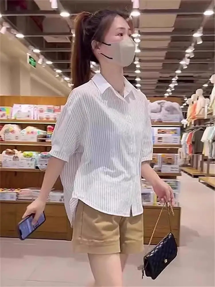 

2025 New Summer Fashion Women's Casual Striped Shirt Wide Leg Shorts Two Piece Set Polyester Fiber Short Sleeve Collar
