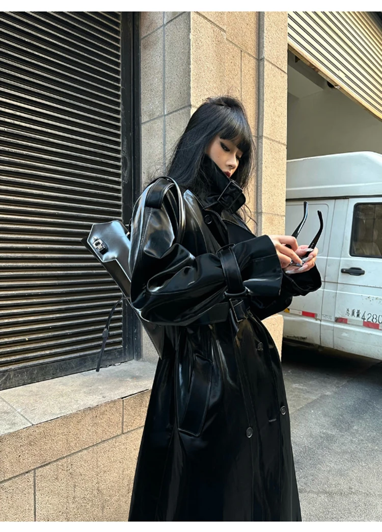 Lautaro Spring Autumn Extra Long Oversized Cool Reflective Shiny Black Patent Leather Trench Coat for Women Belt Runway Fashion