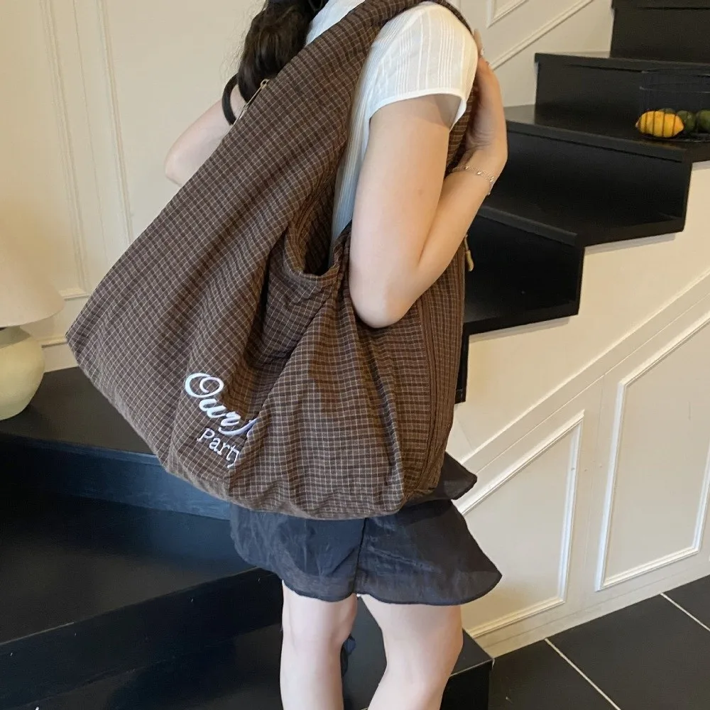 Винтажная японская клетчатая сумка на плечо с буквенным принтом, универсальная большая сумка-тоут, повседневная женская сумка большой вместимости, женская
