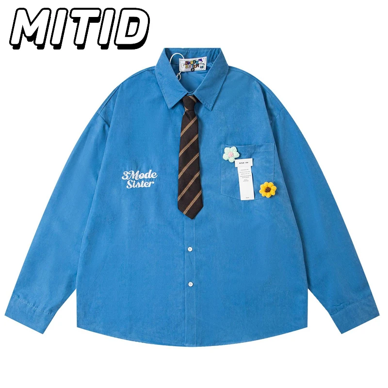 

American Retro Spring Autumn Long Sleeve Shirt Men Hip Hop Streetwear Flower Embroidery Preppy Style Oversized Couple Shirts