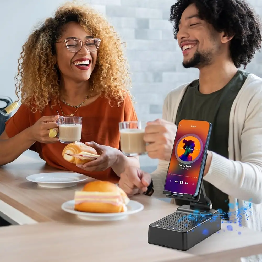 

Multifunctional Cell Phone Stand with Wireless Bluetooth Speaker and Anti-Slip Base, HD Stereo Compatible with Multiple Devic