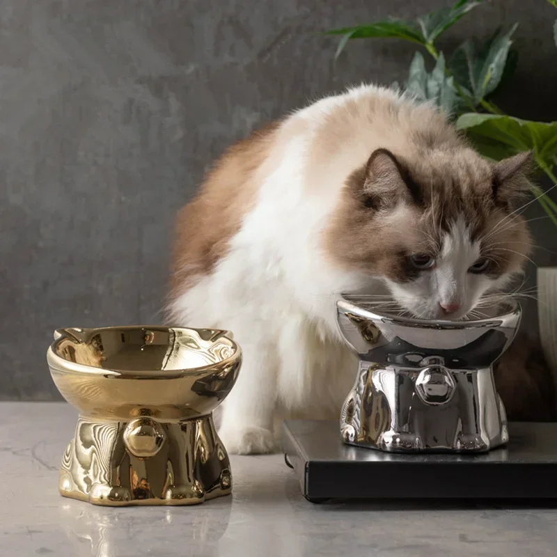 

Fashion Ceramic Cat Shaped Bowl with Bells Anti Tipping Feeder for Puppy Dog Cat Supplies Dog Accessories
