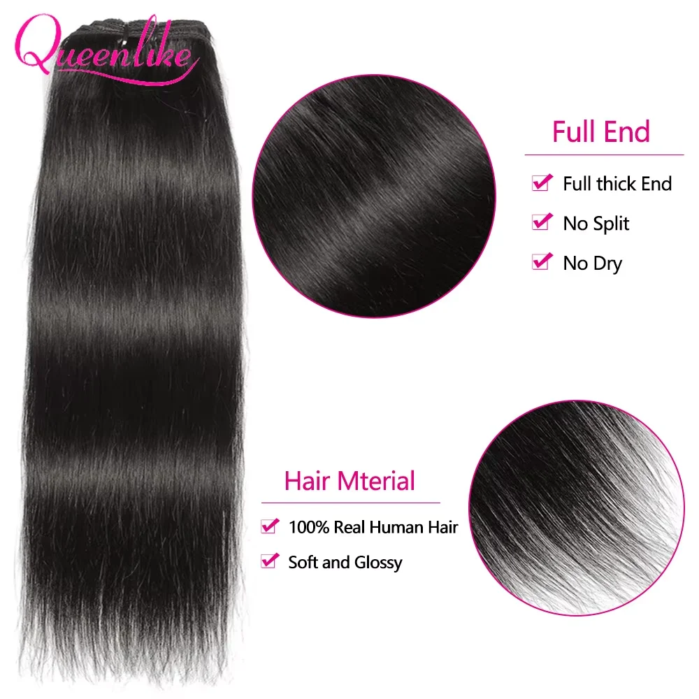 Queenlike Clip-In-Haarverlängerungen aus Echthaar, brasilianisches, glattes Clip-In-Haar in natürlicher schwarzer Farbe, Clip-Ins, Remy-Haarverlängerungen – Detail 2