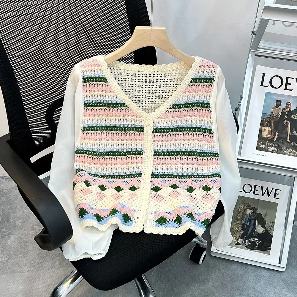 Women Crochet Top Boho Multicolor Striped Chiffon Sleeve Button Front Open-knit Blouse Fairycore Spring Summer Beach Wear