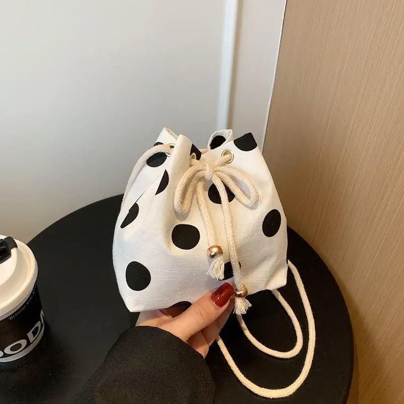 Polka Dot Nylon Drawstring Crossbody Bag Soft Texture Adjustable Strap For Daily Shopping Casual Outings Short Trips