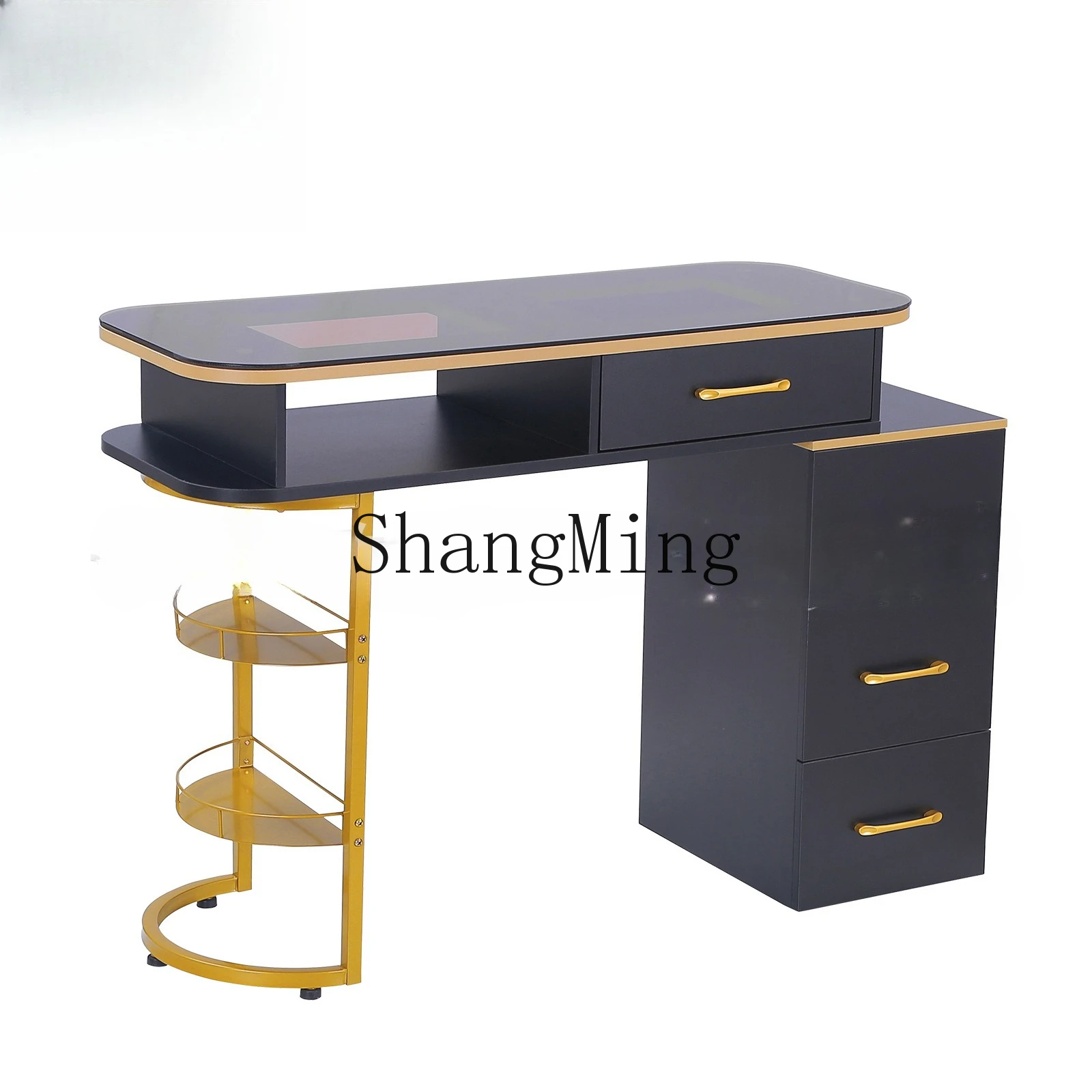 Mesa para uñas FG de vidrio marrón con 12 compartimentos de almacenamiento, color dorado y negro, de lujo y ligero