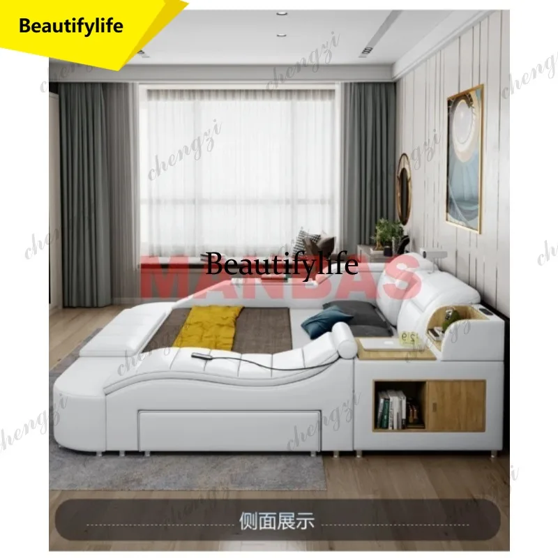M9344 Luxury Multifunctional Leather Smart Bed with Storage Drawers, Massage, Bluetooth Speaker, USB, Modern King Bed with