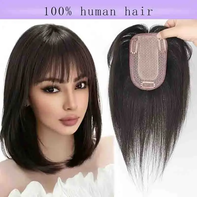 100 % Echthaar-Topper für Frauen, glattes Haarteil mit Pony, voluminöse Aufhellung, Abdeckung, natürlicher Look, Haar-Accessoires