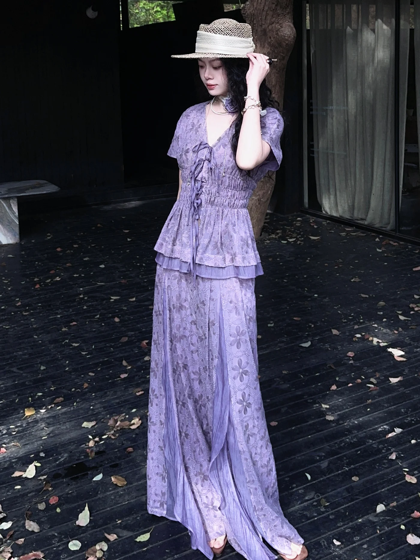 

Iantsui 2026 Summer New Chinese Style Settled Vacation Loose Wide Leg Pants Embroidered Long Pants High Waist Polyester