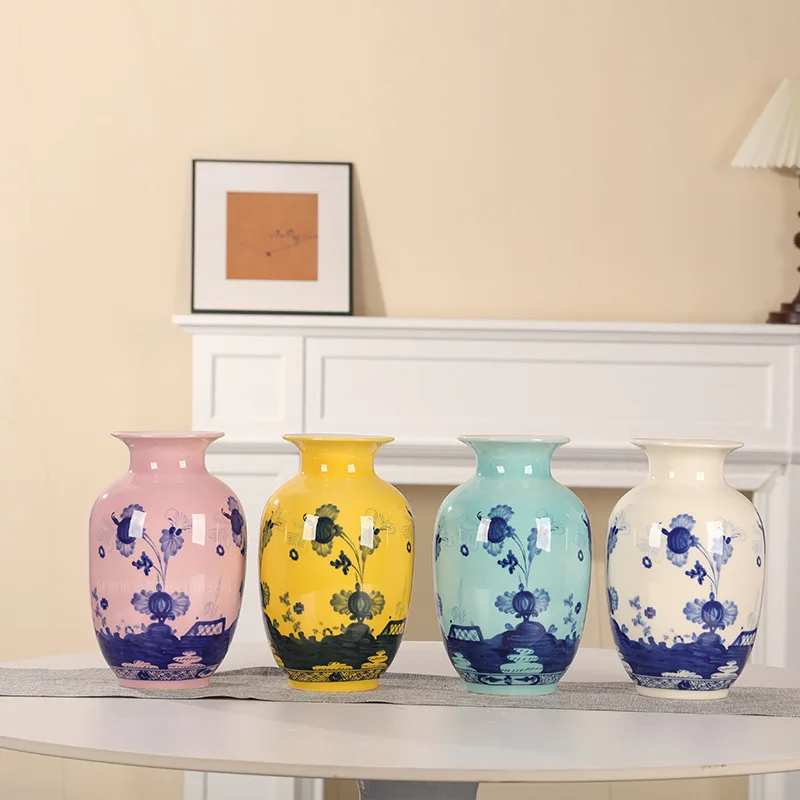 DSA pink glaze blue and white ceramic vase set retro home color decorative vase living room flower arrangement Jingdezhen