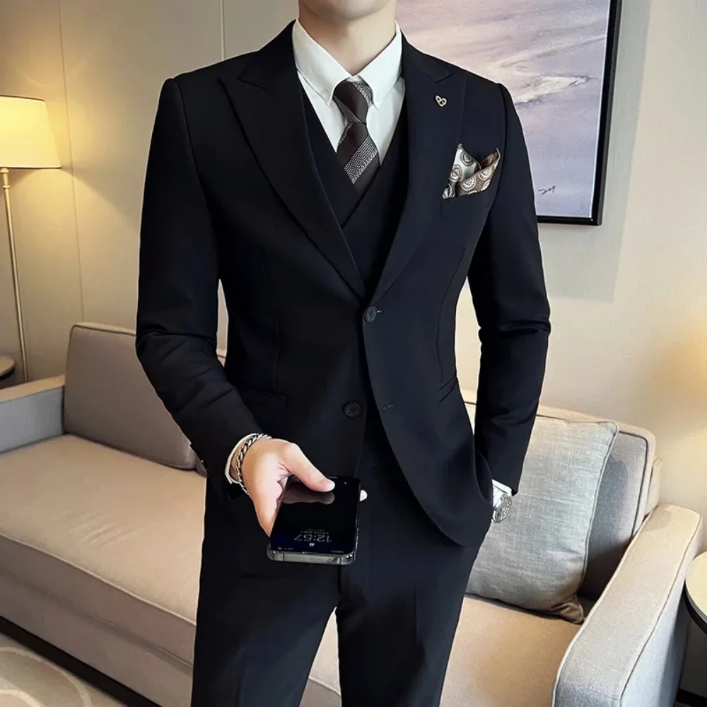 Men's Double Breasted Trench Coat Suit Casual Simple Blazer Vest Pants Set High Quality Recent Design Matching Outfit