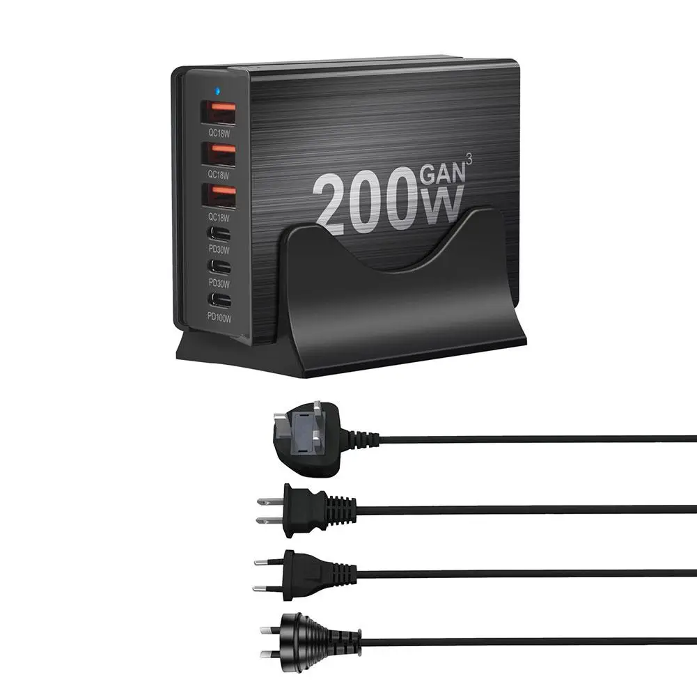 200W PD Charger 6 Ports Support Multiple Devices Charging Short Circuit Overheat Protection For Mobile Phones Computers Cam H5N6