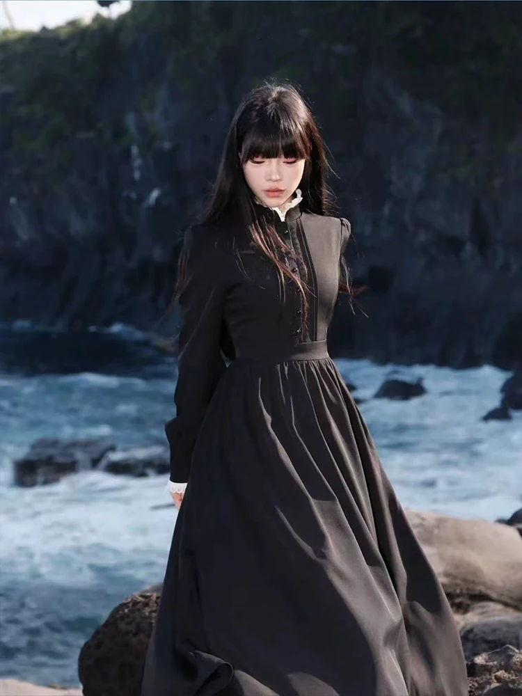 

Japanese Gothic Black Midi Dress Women Y2K Winter Patchwork Lace Up Long Dress Sweet Lolita Streetwear Witch Anna Vestidos New