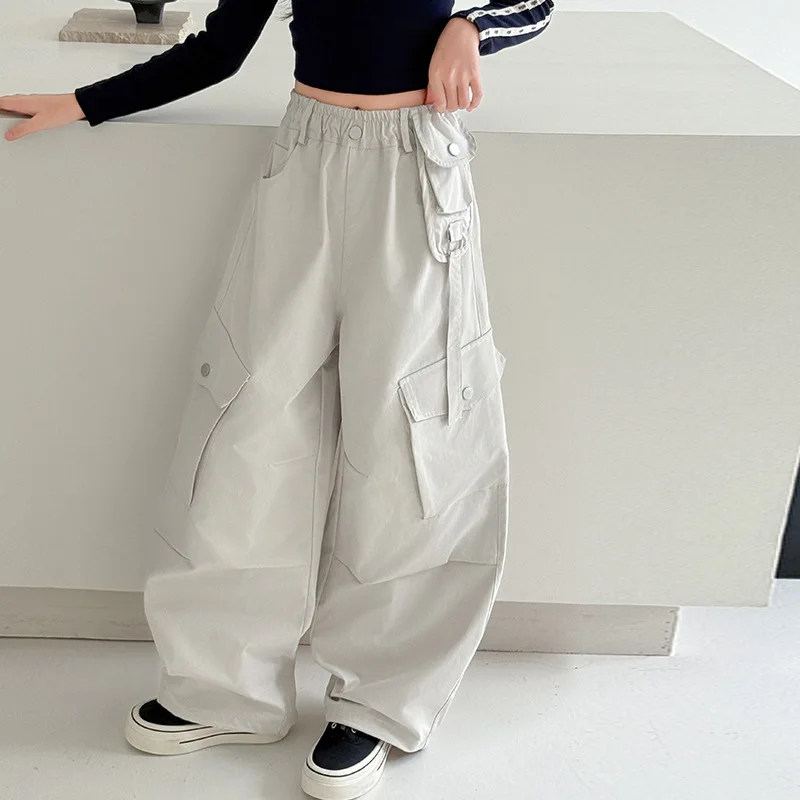 

Teenager Girls Cargo Pant Autumn Korean New Simple Solid Pocket School Girls Pant Button Elastic Waist Children Girls Trousers