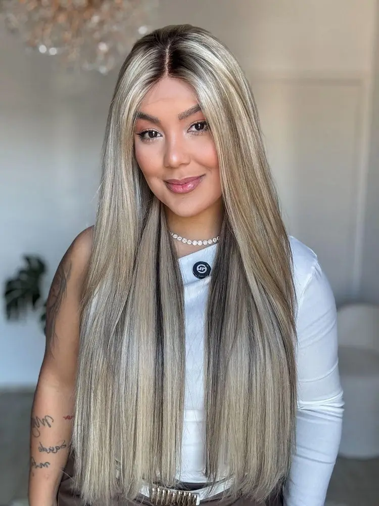 سهلة الصيانة أومبير الرماد شقراء HD غير مرئية الدانتيل الجبهة شعر مستعار اصطناعي مع جذور داكنة للنساء شعر مستعار طويل طبيعي مستقيم