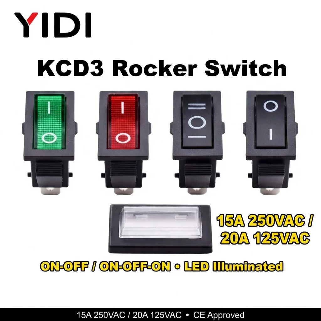 10pcs/lot KCD3 15A 250VAC Rocker Switch ON-OFF/ON-ON/ON OFF ON 2 3 Pin SPST Red Green Yellow Light Black 12V 220V Power Switch