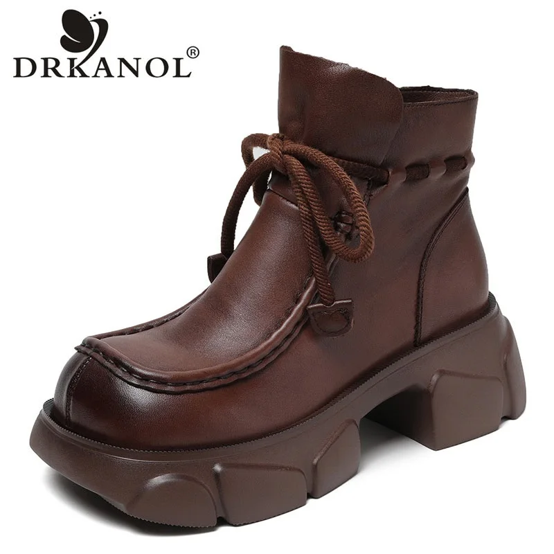 

DRKANOL Brand Luxury Women Boots 100% Genuine Leather Handmade Vintage Thick Heel Ankle Boots Female Winter Warm Platform Boots