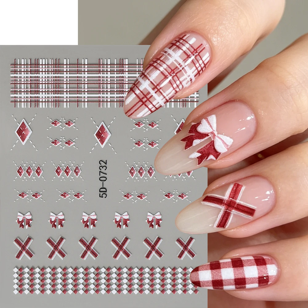 1Pcs 5D Embossed Red White Plaid Bow Nail Stickers Diamond Checkered Self-Adhesive Nails Decals for Girls Sweet Manicure Sliders