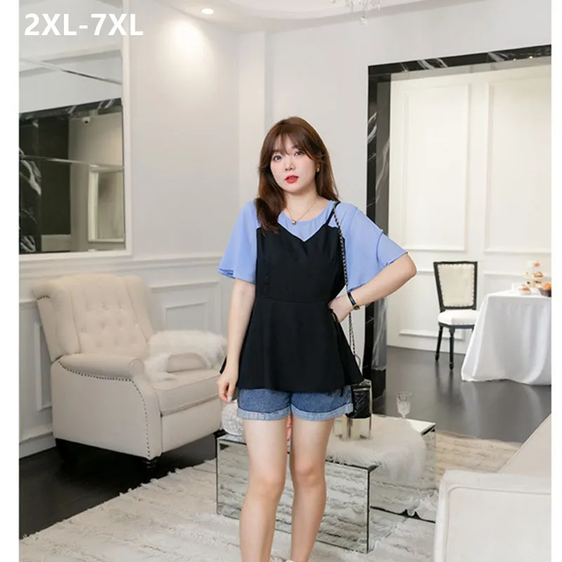 Sweet Shirt Lady Summer Chiffon Blouse Women Plus Size 6XL 7XL Ruffle Sleeve Patchwork Girl Office Formal Elegant Tops Clothes