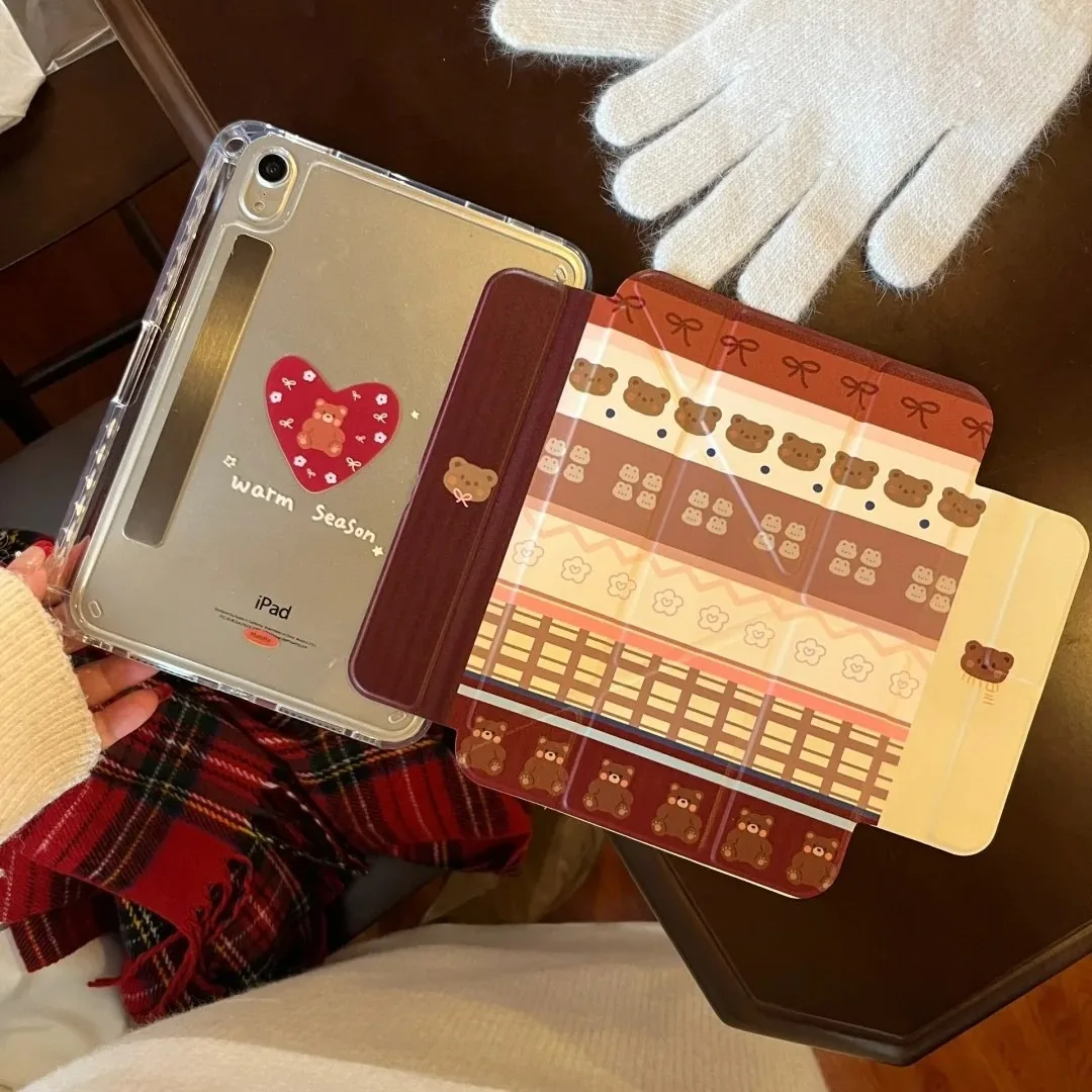 Sweater Bear Pen Slot Magnetic Buckle Detachable Tablet Case For iPad Mini6 Air 4 5 Pro 2018 2019 2020 2021 2022 2024 2025 Cover