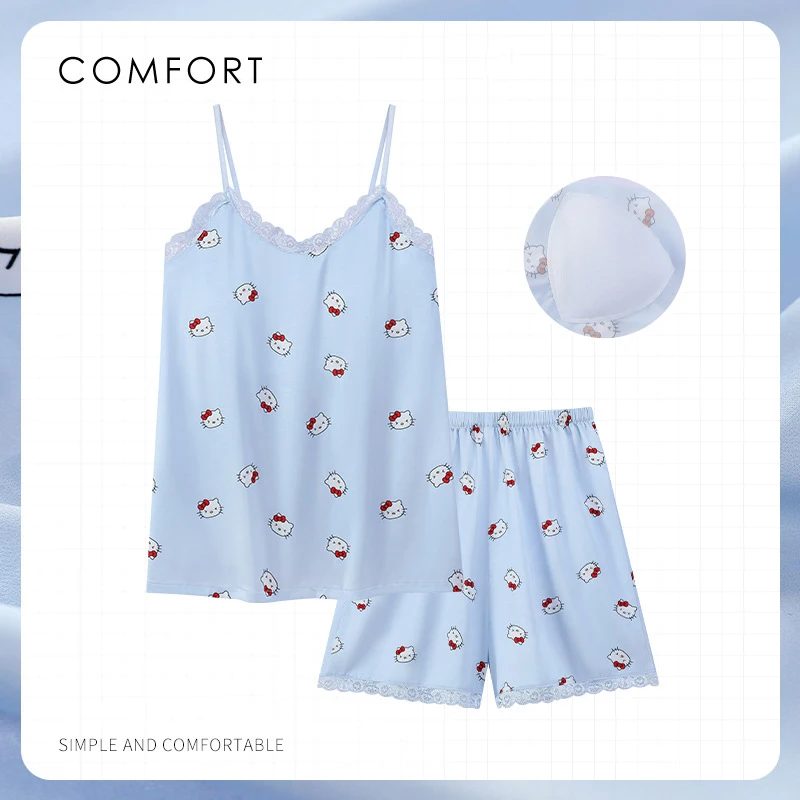 

Sanrio Kit Girl Sexy Ice Silk с подушкой на груди, жилет, пижамный комплект Kawaii Hello Kitty Comic, летние шорты-бретельки, одежда для отдыха