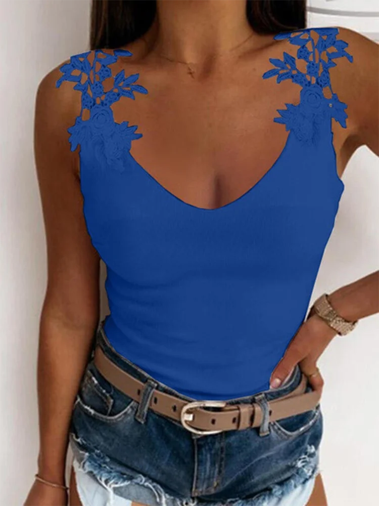 Lace Printed Monochromatic T-shirt for Women U-neck Sexy Suspender Vest Trendy Party Top Casual Lady Summer
