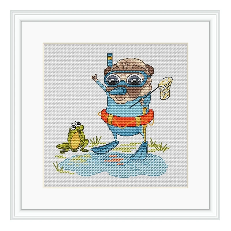 

Cross-stitch set, Pug dog diving home to kill time, hand embroidery material package