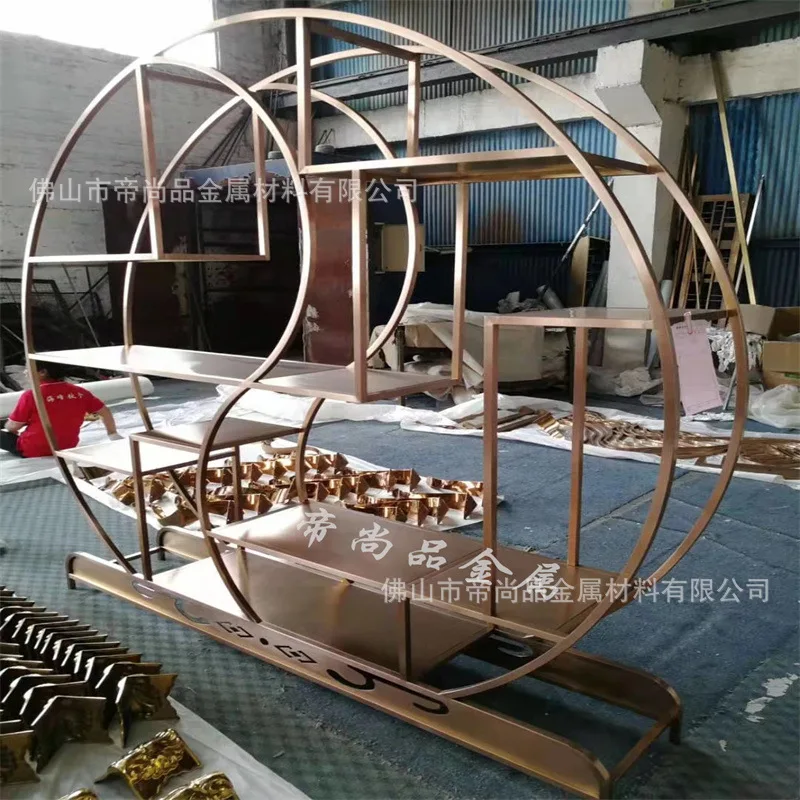 

Stainless steel shelf simple round gold partition bookshelf living room display floor storage rack decorative shelf