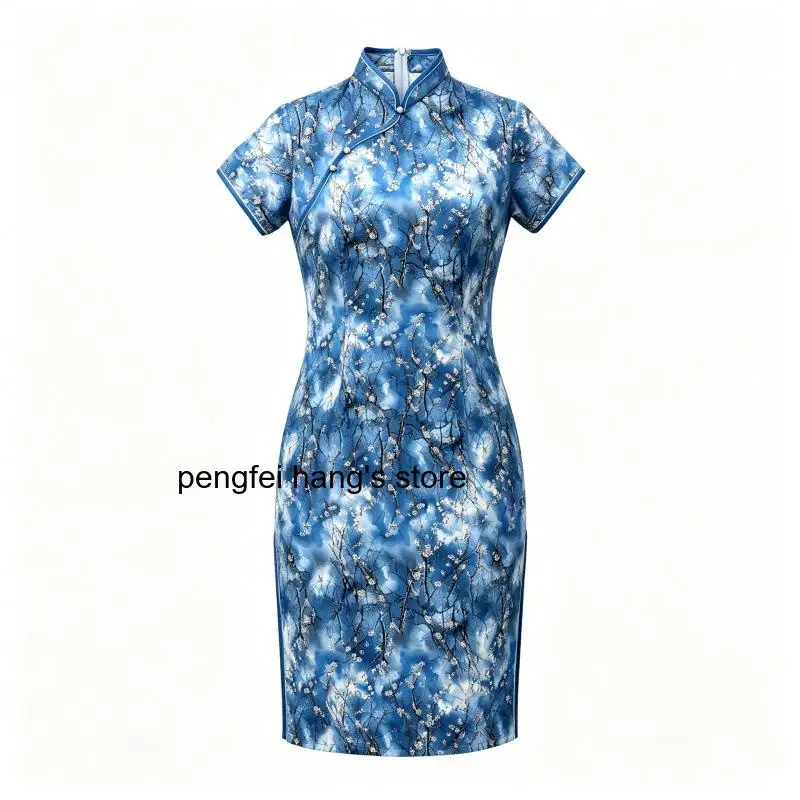 Print Flower Female Short Cheongsam Chinese Traditional Clothing Vintage Classic Mandarin Collar Hanfu Dress Qipao Sexy Vestidos