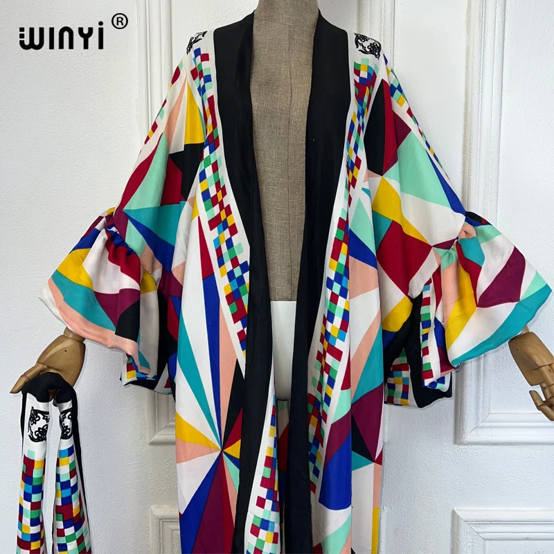 WINYI-vestido kimono con sensación de algodón para mujer, vestido con cinturón automático, cárdigan elegante con manga de burbuja para vacaciones, ropa de playa, traje de baño para cubrir