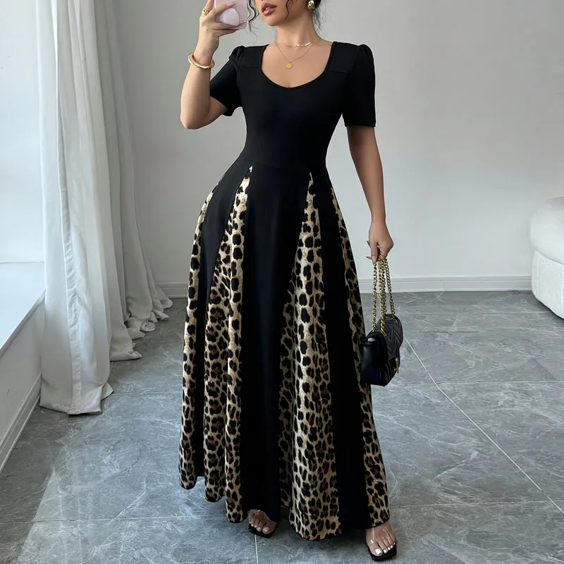 Dresses for Women New Short Sleeve O-Neck Slim Women Dress Leopard Patchwork A-LINE Dress Women Vestidos De Verano Mujer Q1880