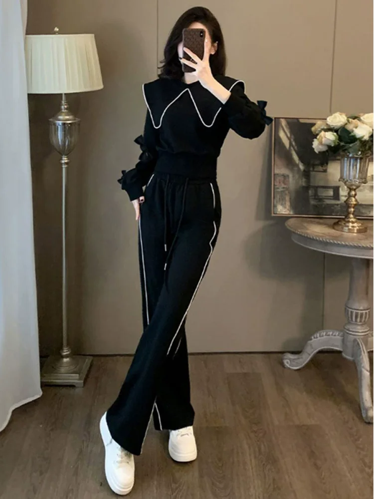 ผู้หญิงสบายๆลาย 2 ชิ้นชุดเอวสูงแฟชั่น Baggy ขากว้าง Conjuntos ตรงหลวมเกาหลี Lace Up กางเกง Ensembles