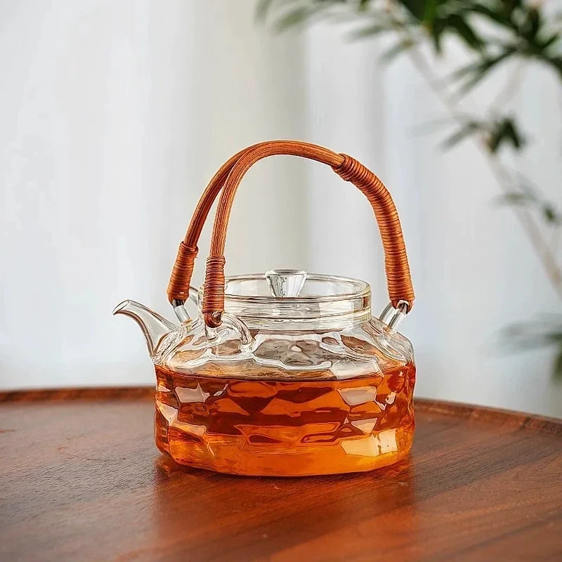 800ml Rattan Woven Handle Irregular Surface Heat-resistant Glass Teapot Boiling Flower Puer Oolong Tea Pot Kungfu Tea Set