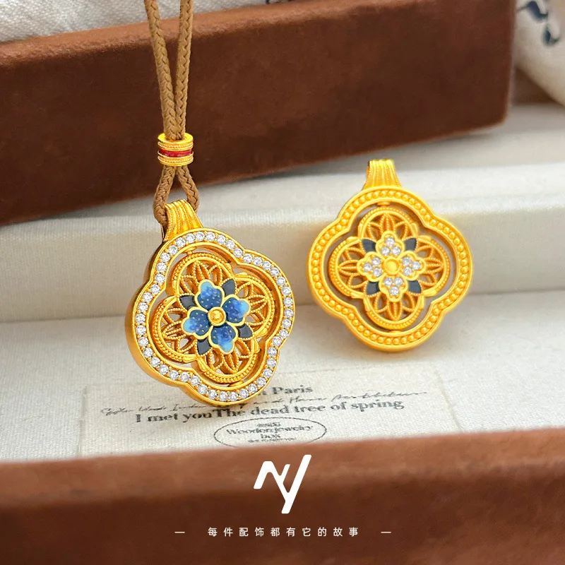 luxury real gold jewelry 24k certifid ancient diamond hollow filigree rotating four-leaf flower pendant necklace braided