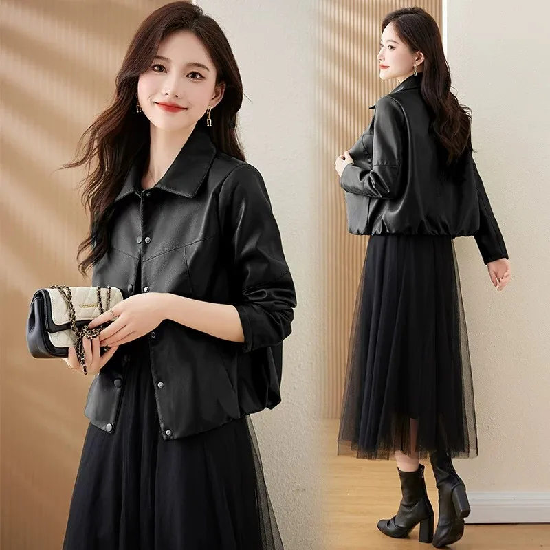 Fashionable Short Loose Long Sleeve Leather Jacket Motorcycle Clothes Outerwear 2026 New Style Elegant Patchwork PU Coat