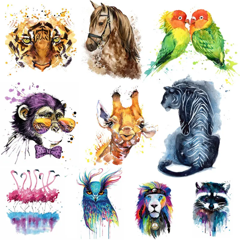 Watercolor Animals Patch Stickers Cartoon Deer Tiger Horse Lion Peacock Bird Iron on Transfers for Clothing T-shirts Appliques