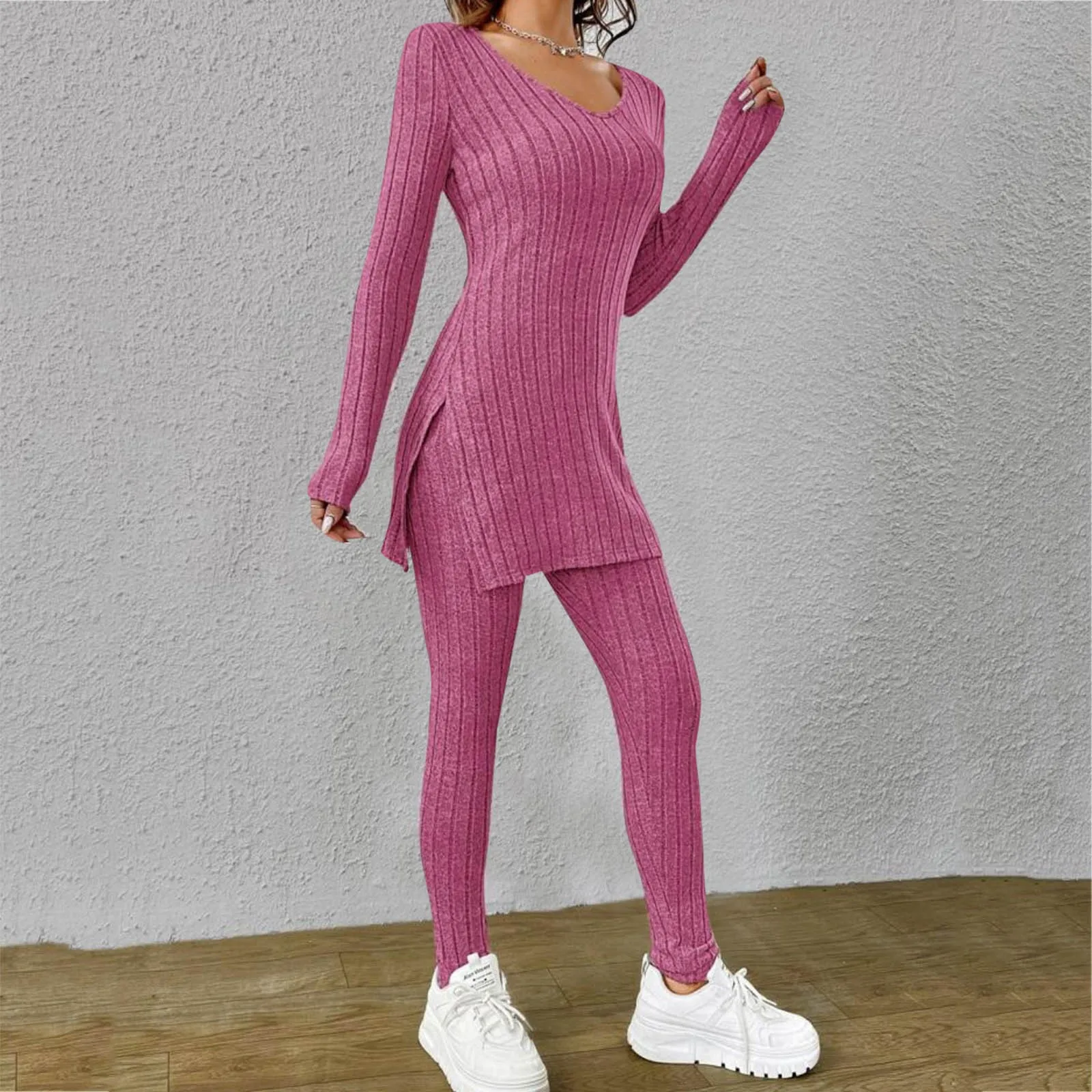 2024 Fall Winter Women Knit Set Long Sleeve Pullover T-Shirts Ribbed Simming Fit Pants Solid Simple Two Piece Outfits Homewear