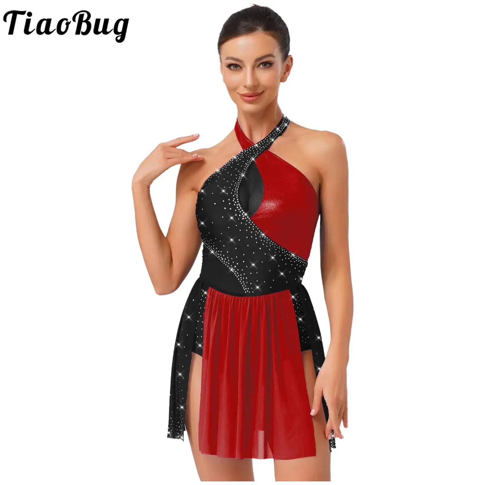 

Women Sparkly Rhinestones Mesh Skirted Bodysuit Dress Gymnastics Figure Skating Ballet Jersey Costume Modern Lyrical Dance Dress