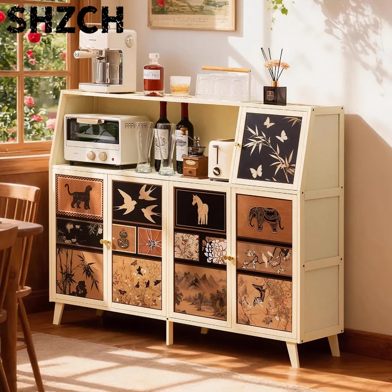 Mid-Century Modern Kitchen Sideboard Multi-layer Narrow Storage Cabinet Bamboo Buffet Console for Dining Room Organizer Cabinets
