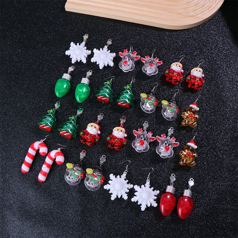 Luminous Merry Christmas Earrings Santa Claus Christmas Tree Xmas Snowman Ear Clips Shiny Jewelry LED Drop Earrings