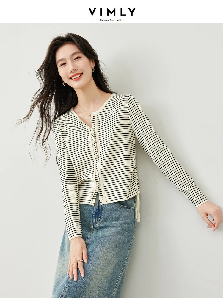 

Vimly Spring Striped Knitted Cardigans 2024 High Strecth Slim Female Knitwear New Casual Single Breasted Women Top Clothes 72962