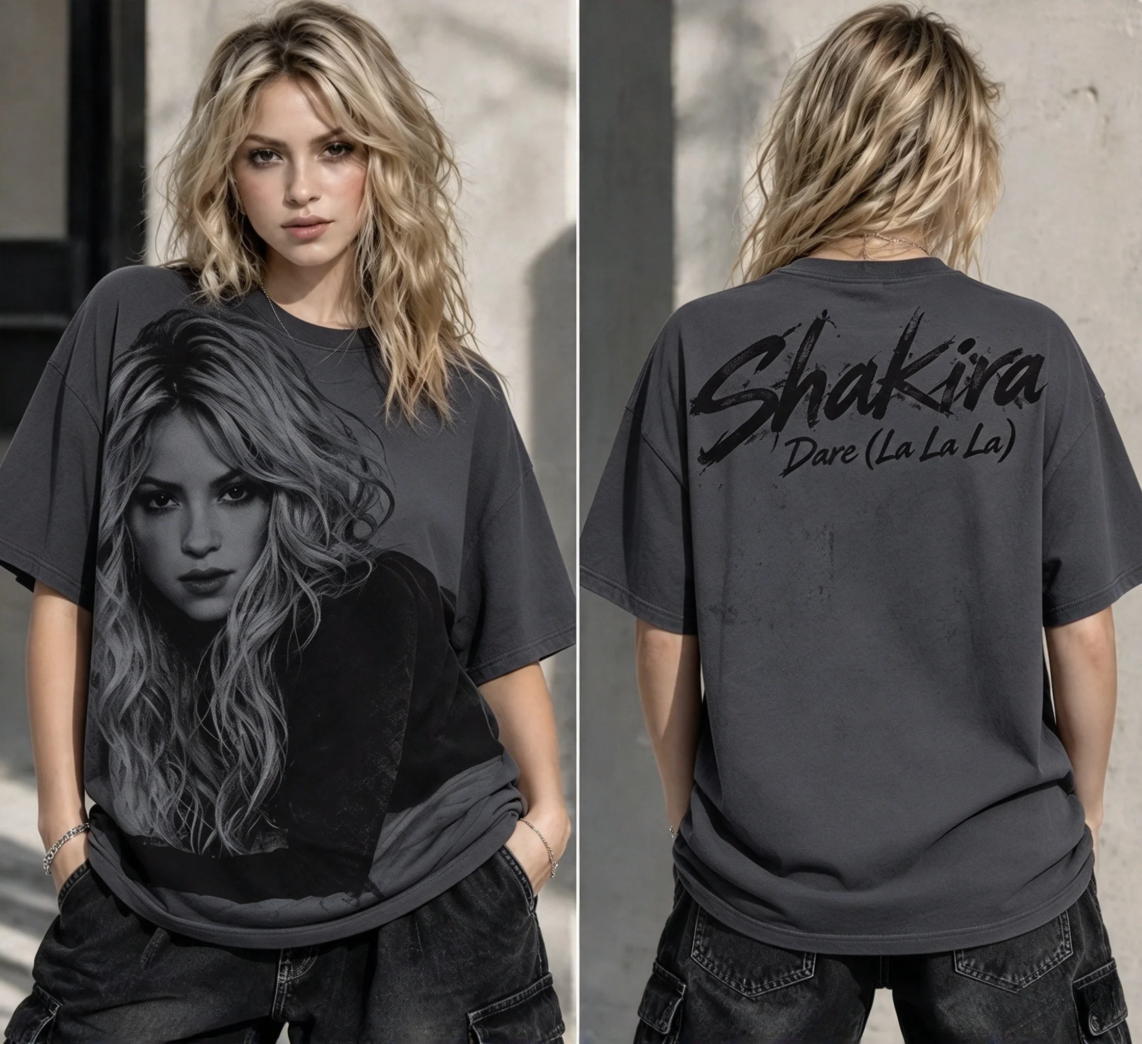 2026 Shachira Short-sleeved T-shirt with Portrait Print. American and European Pop Singer's Loose and Casual Short-sleeved Top.