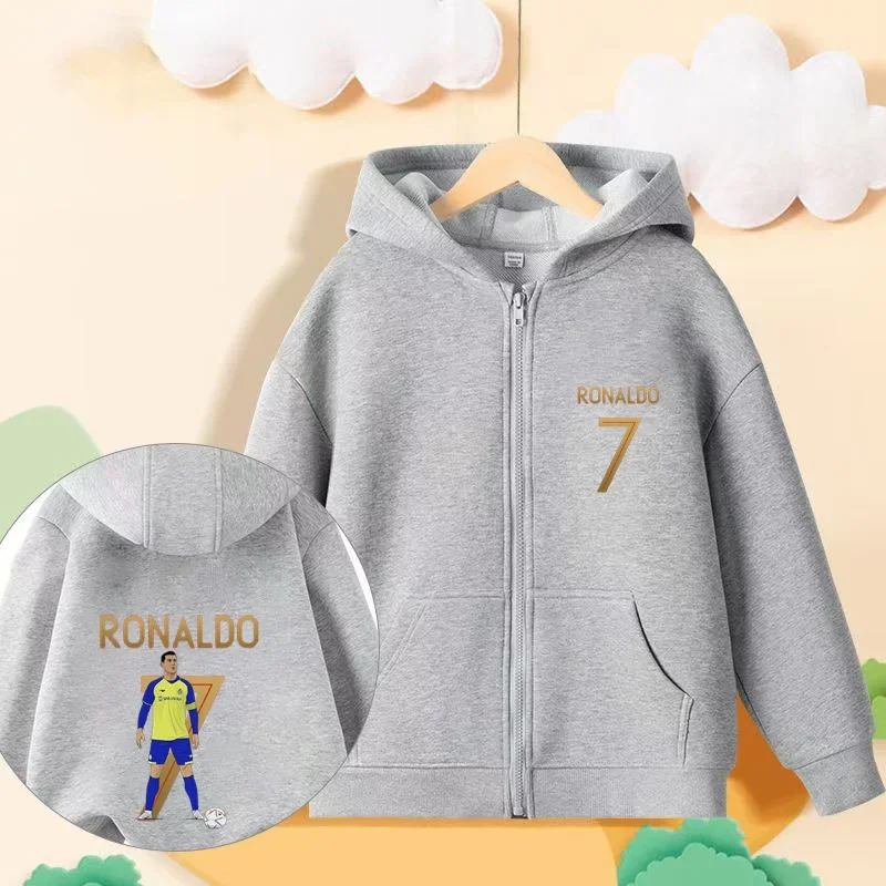 Football star Ronaldo, children\'s hoodie, zip up shirt, casual and fashionable style for boys and girls aged 3-14