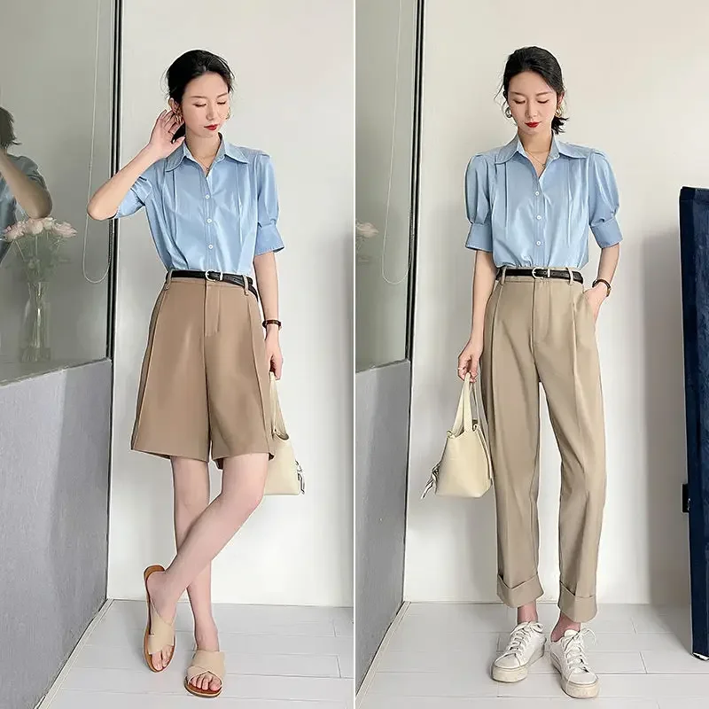 Women Summer Light Ripe Wind Simplicity Loose Solid Color Polo-Neck Short Sleeve Shirts Women Clothes Casual Appear Thin Tops