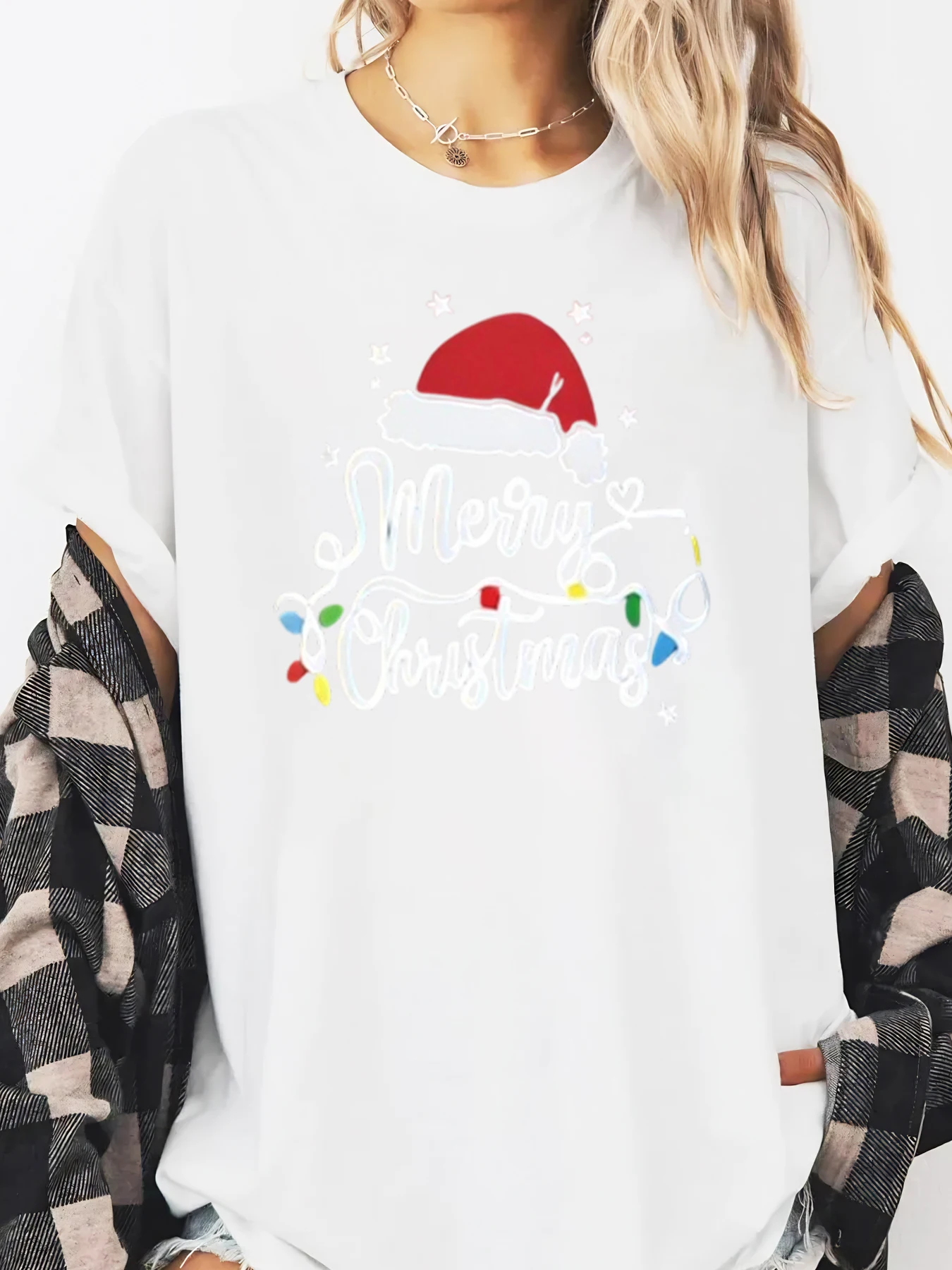 عيد ميلاد سعيد سانتا قبعة أضواء طباعة تي شيرت عطلة المرأة لباس غير رسمي أبيض حجم كبير